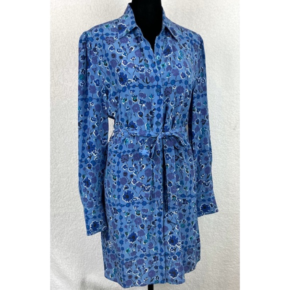 EQUIPMENT • Femme Rosalee Blue Floral Printed Long Sleeve Silk Mini Dress - Picture 6 of 16